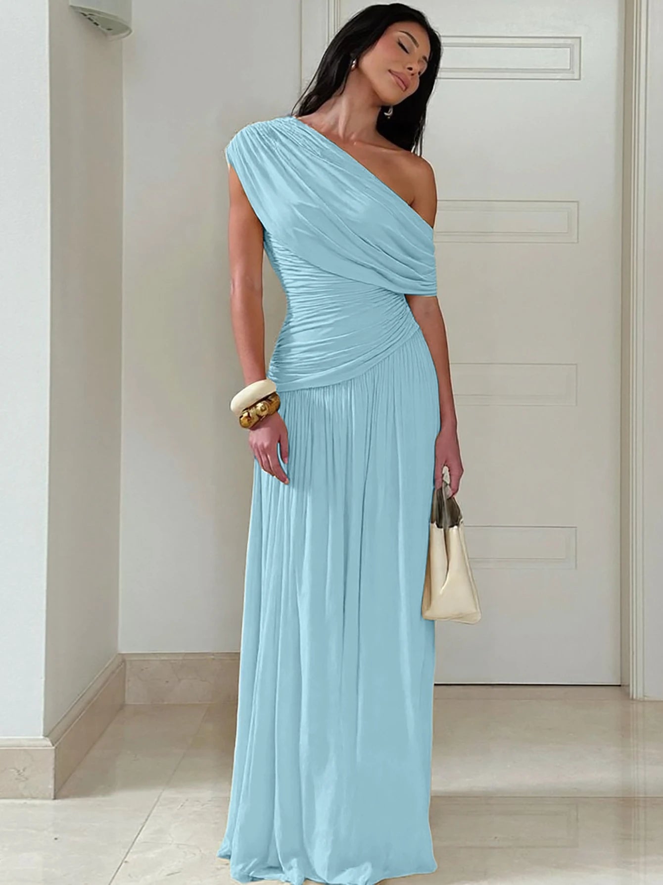 Hugcitar One Shoulder Ruched Sleeveless Solid Pleated Sexy Irregular Y2K Maxi Dress Summer Elegant Party Women Clothes Vacation - Shellss