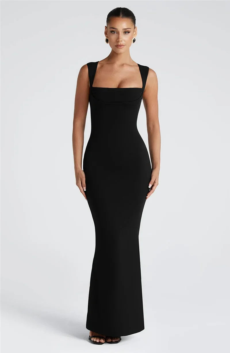 Square Collar Sleeveless Sexy Maxi Dress For Woman Fashion Spring Summer New High Waist Bodycon Club Party Long Dress - Shellss