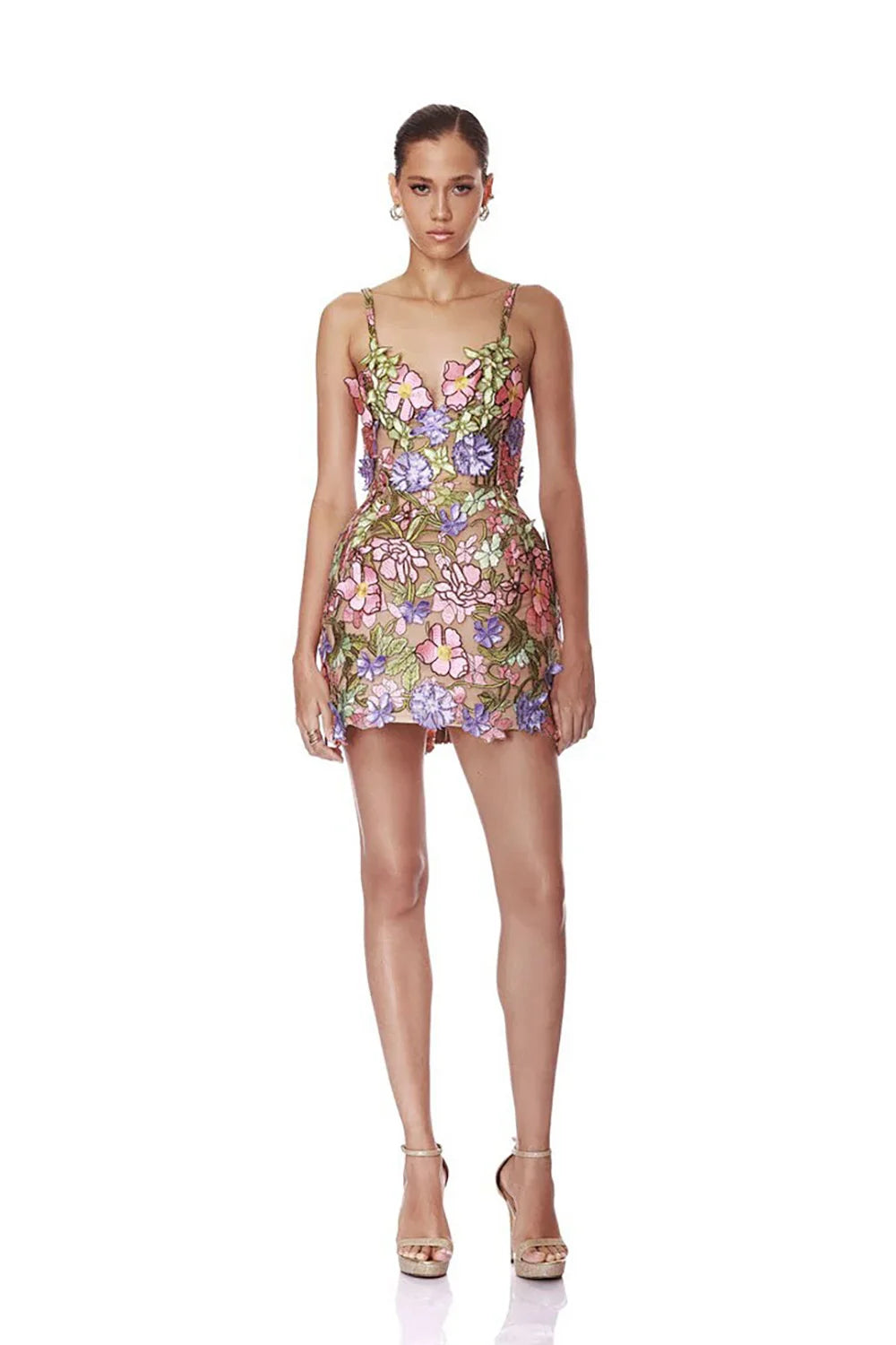 New Chiffon Skin Penetrating Floral V-Neck Suspender Dress With Sleeveless Back Straps Embroidered Evening Gown Party Mini Skirt