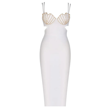 TWOTWINSTYLE Solid Slimming Spliced Pearl Dresses for Women Square Neck Sleeveless Patchwork Hollow Out Tunic Dress Female New