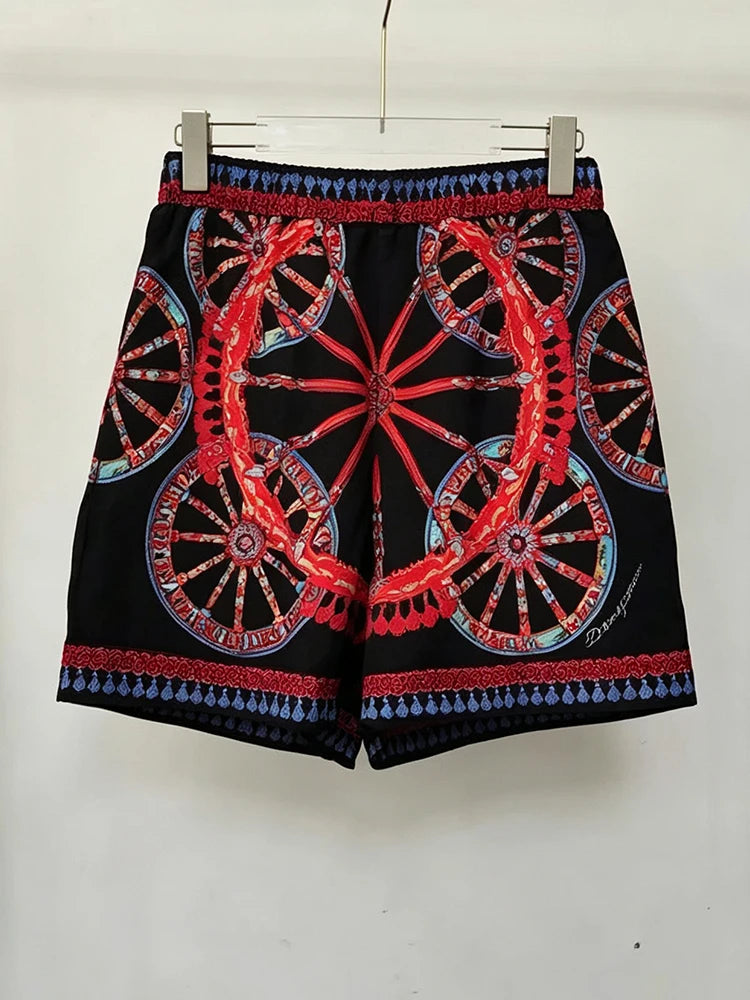 Elegant Retro Wheel Print Two-Piece Suit for Women Short Sleeve Lapel Lace-Up Shirt with Elastic Waist Shorts Summer Fashion - Shellss