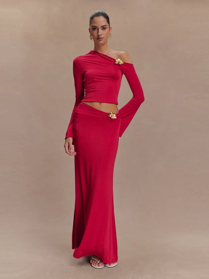 Women's Metal Flower Skirt Two Piece Set Sexy Slanted Neck Long Sleeves Top + Slim Long Skirt Suits Celebrity Party Cocktail