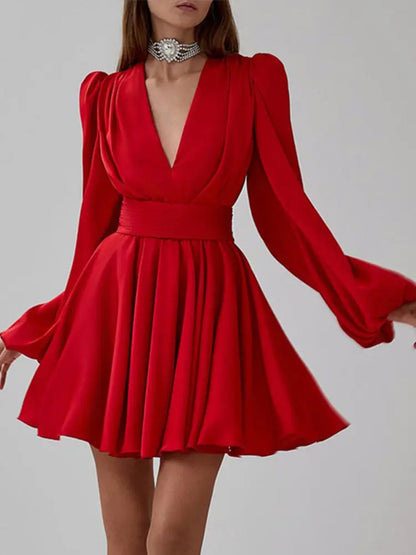 Elegant Red High Waist Long Lantern Sleeve Female Dress