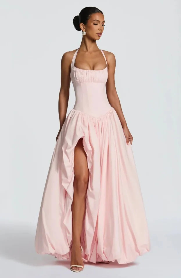 Princ Sle Long Dr LinJ High Waist Fibone Split Ne Hanging Strap European Sle Casual Wear for Middle-Aged Women - Shellss