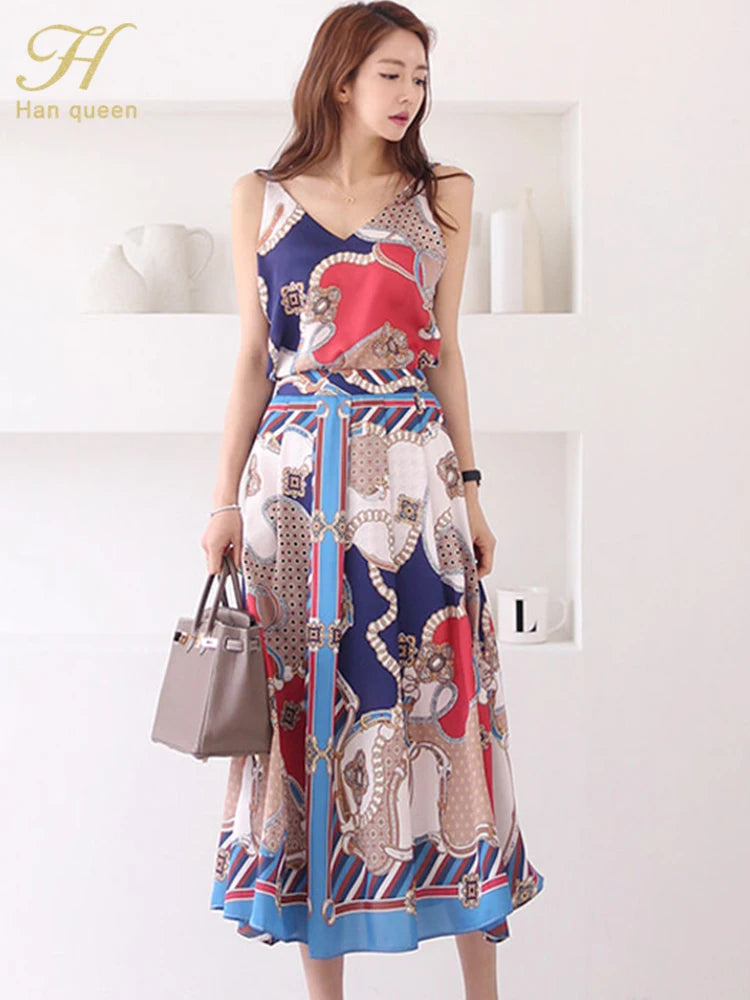 H Han Queen Hot Sale Summer Women Print Work 2 Pieces Set Camisole Top Blouses + Vintage A-Line Skirt Korean Simple Skirt Suit