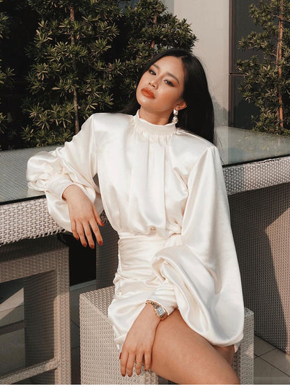 Ruched Satin Mini Dress – White Lantern Sleeve
