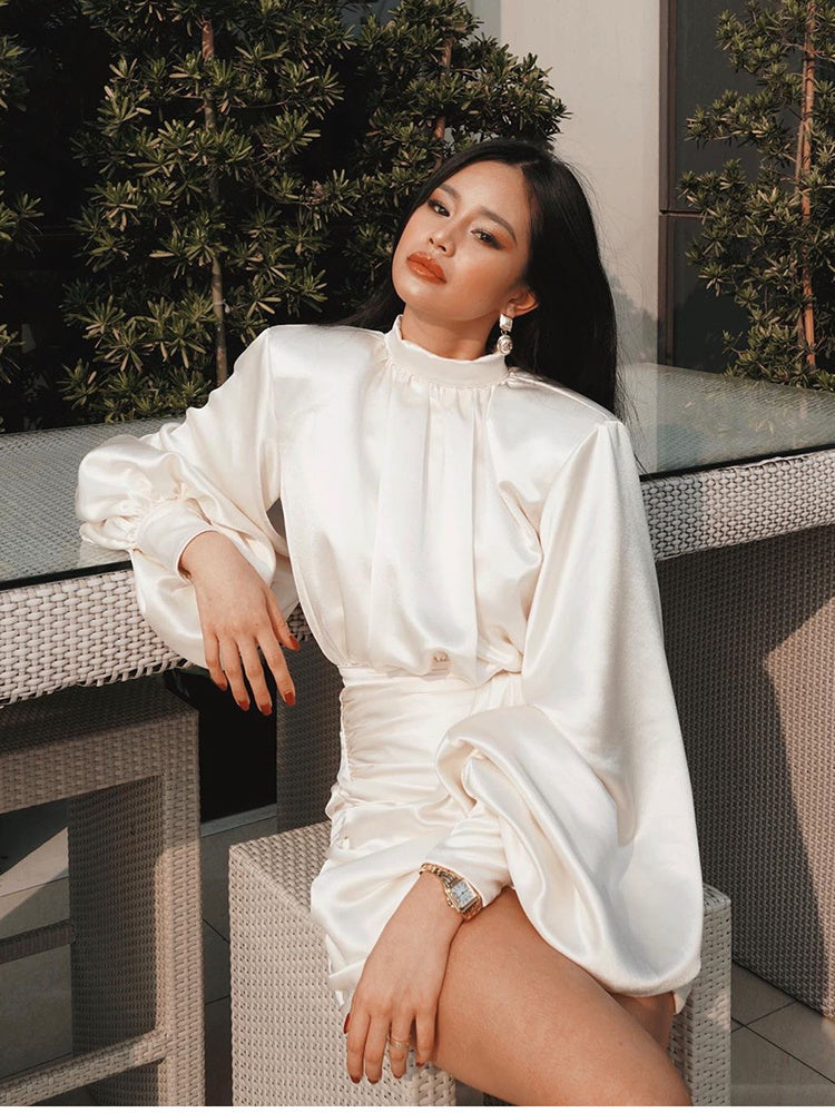 Ruched Satin Mini Dress – White Lantern Sleeve - Shellss