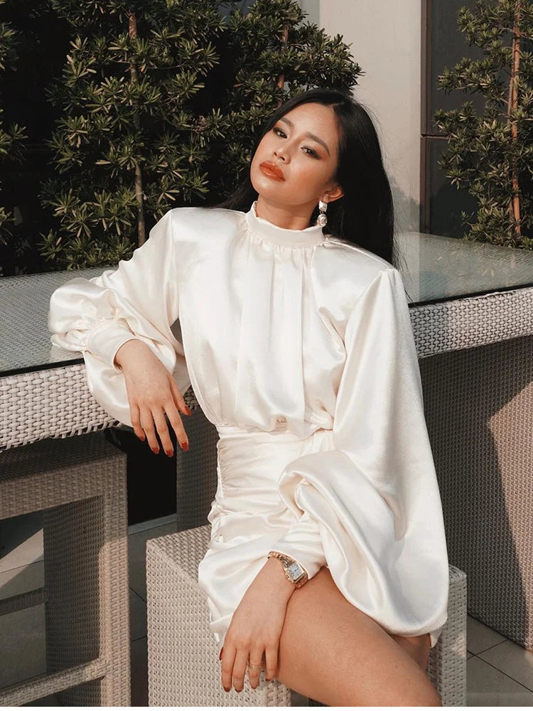Ruched Satin Mini Dress – White Lantern Sleeve - Shellss