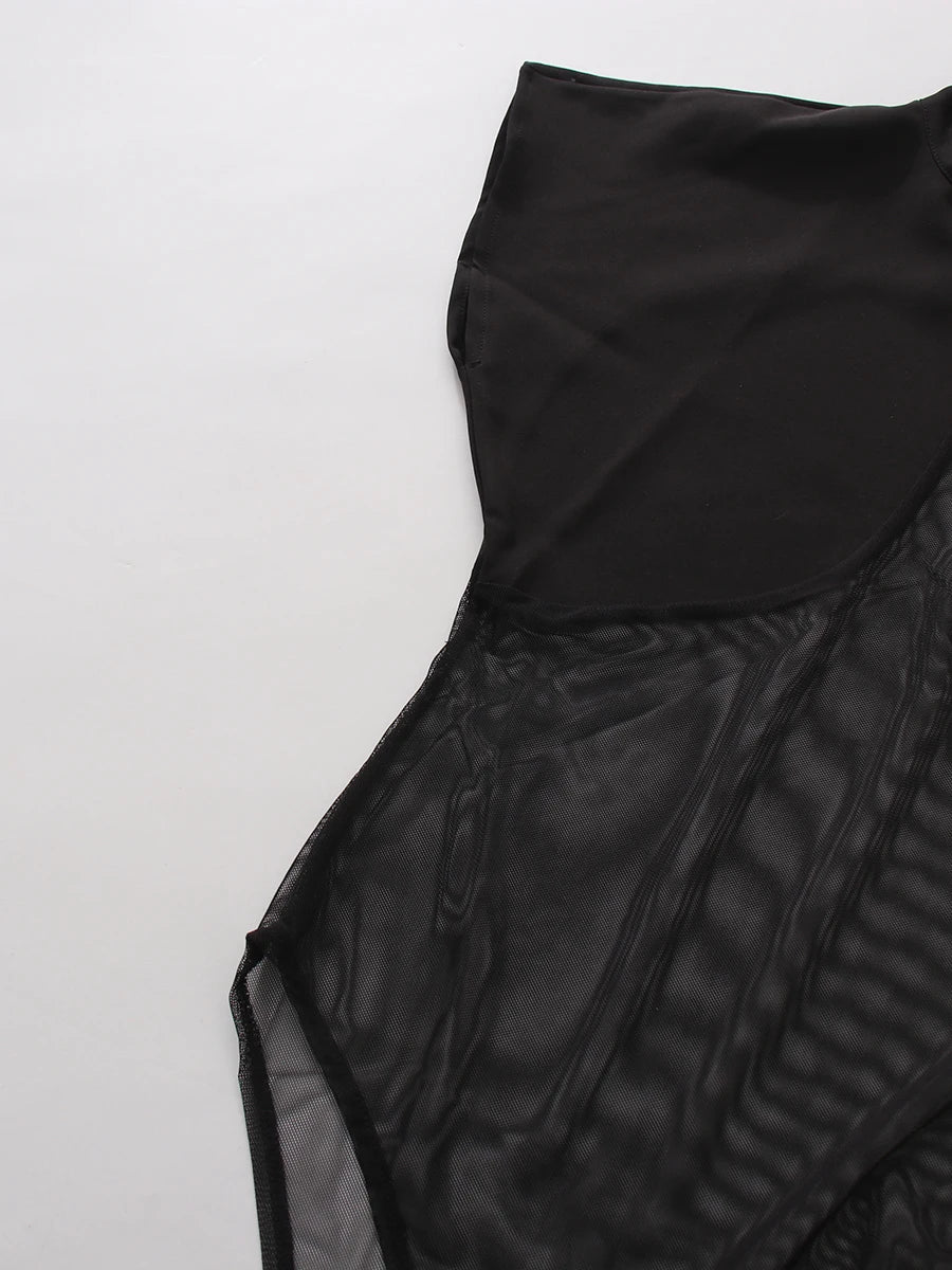 TWOTWINSTYLE Black Loose Spliced Mesh Jumpsuits for Women Stand Collar Sleeveless Sexy Temperament Jumpsuit Female Fashion New