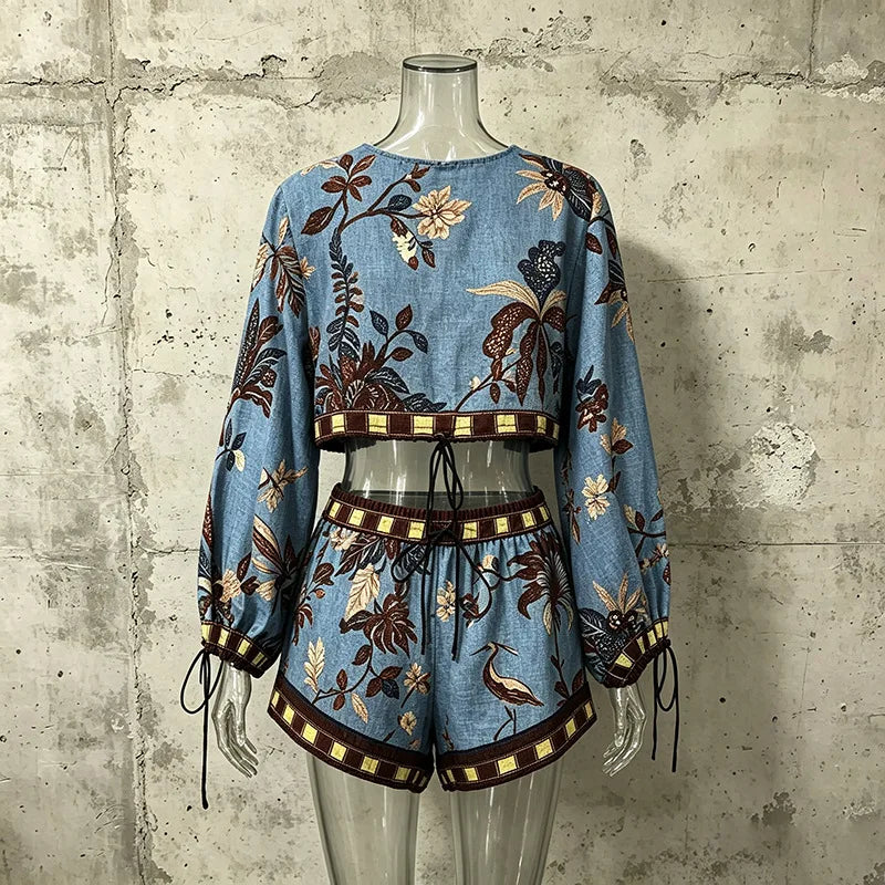 Bohemian Style Short Sleeve T-Shirt And High Waist Shorts Set round Neck Lantern Sleeve Print Casual Fashion Women's Outfit - Shellss