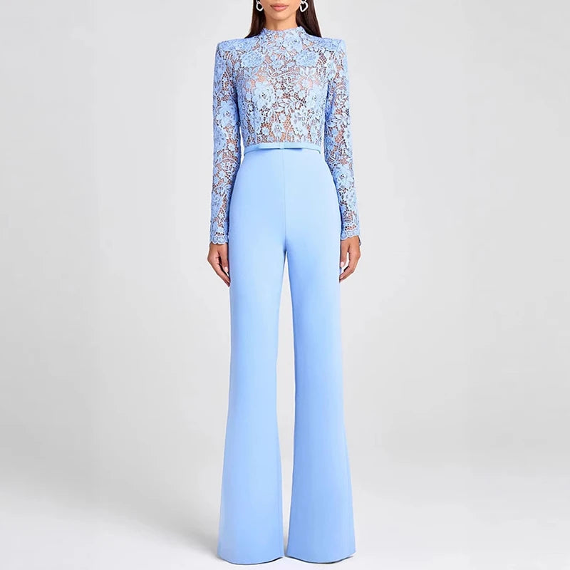Jacquard Lace High-waisted Jumpsuit Embroidery Crochet