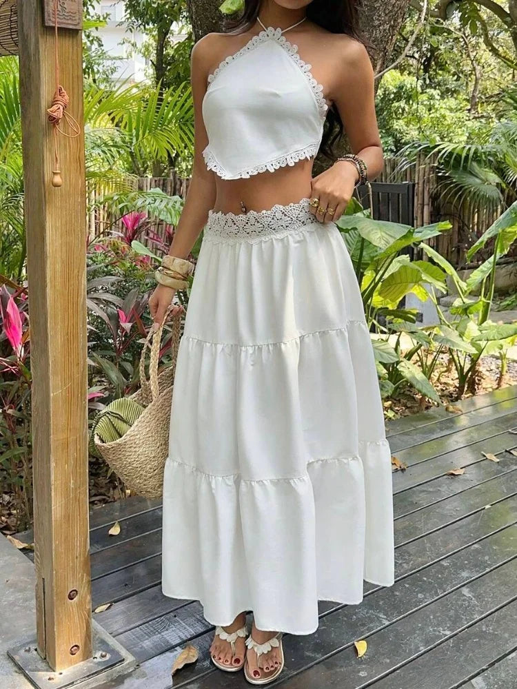 White Lace Halter Triangle Top & Skirt