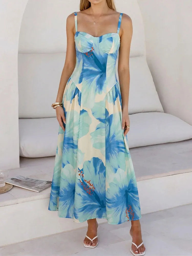 Blue floral summer long dress