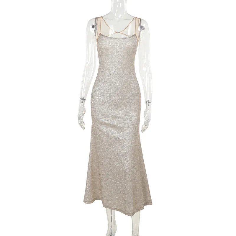 Women Shiny Chic Dress Bling Glitter Sequins Sling Sleeveless Backless Bodycon Maxi Robes Elegant Evening Party Cocktail Gowns