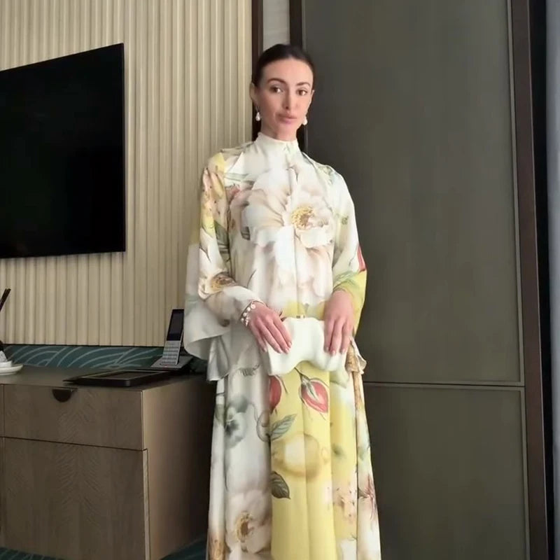 Floral Print Women Dress Button Down Mock Neck Maxi Dresses Long Lantern Sleeve A-Line Waist Belt Flared Hem Elegant Streetwear - Shellss