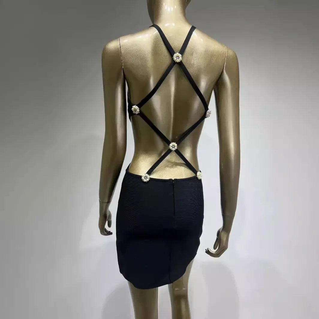 Sexy Black Miniature Black Dress Hot Sale Of The Season New Style Wrap Skirt Super Short Party Gown Diamond Back Hanging Neck Wa