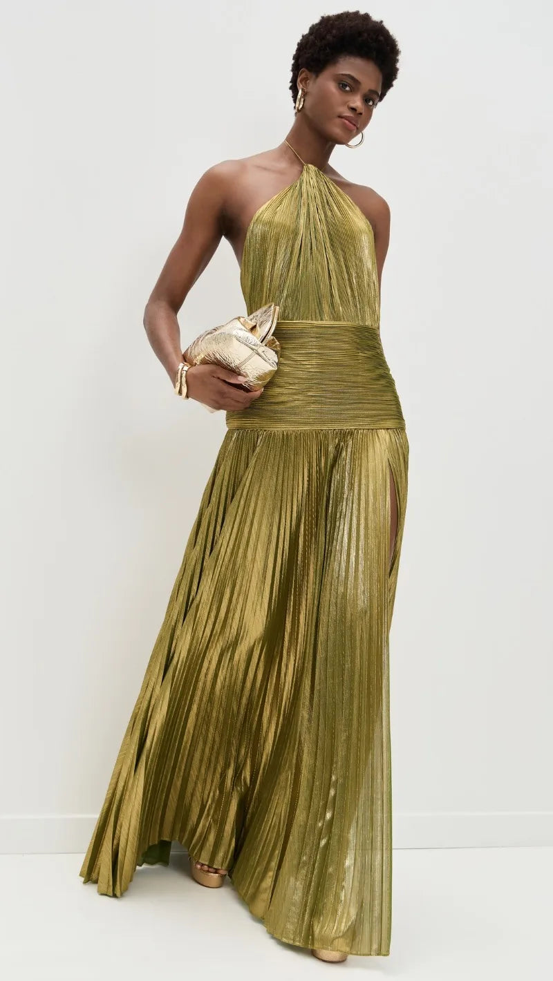 Sexy Off Shoulder Halter Folds Slit Long Dress Luxurious Women Corset Party Dress Gold Halter Neck Evening Dress