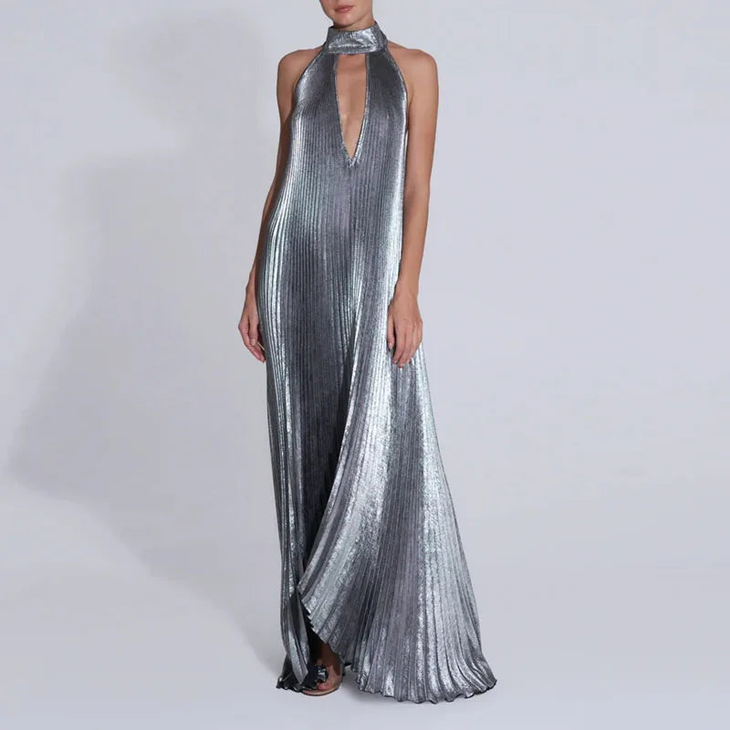 Silver Satin backless Pleated Irregular Dress