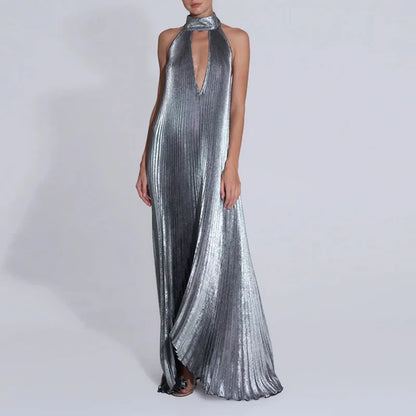 Silver Satin backless Pleated Irregular Dress