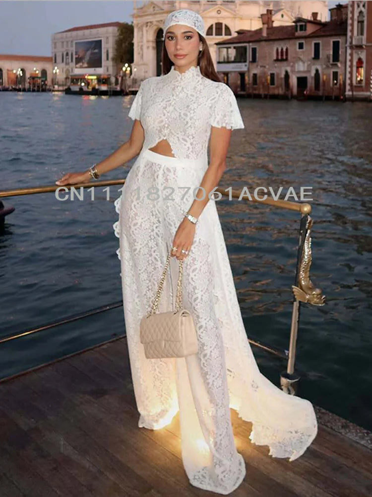 Casual Lace Long Coats Pant Set Women Solid See Through Tops Long Straight Pants Sets Female 2026 Spring Summer Lady Suits