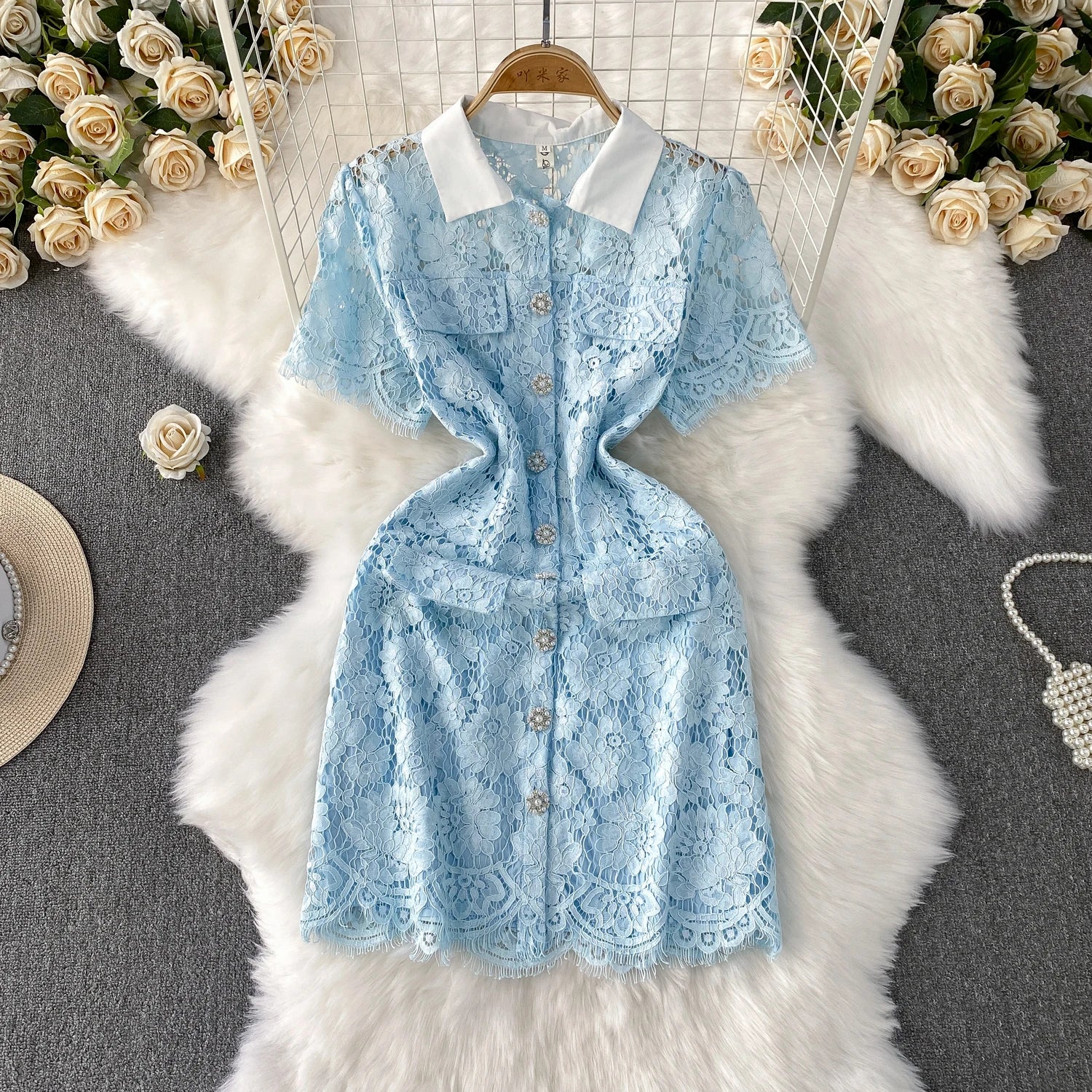 Selfportrait Buttons Diamonds Lace Dress