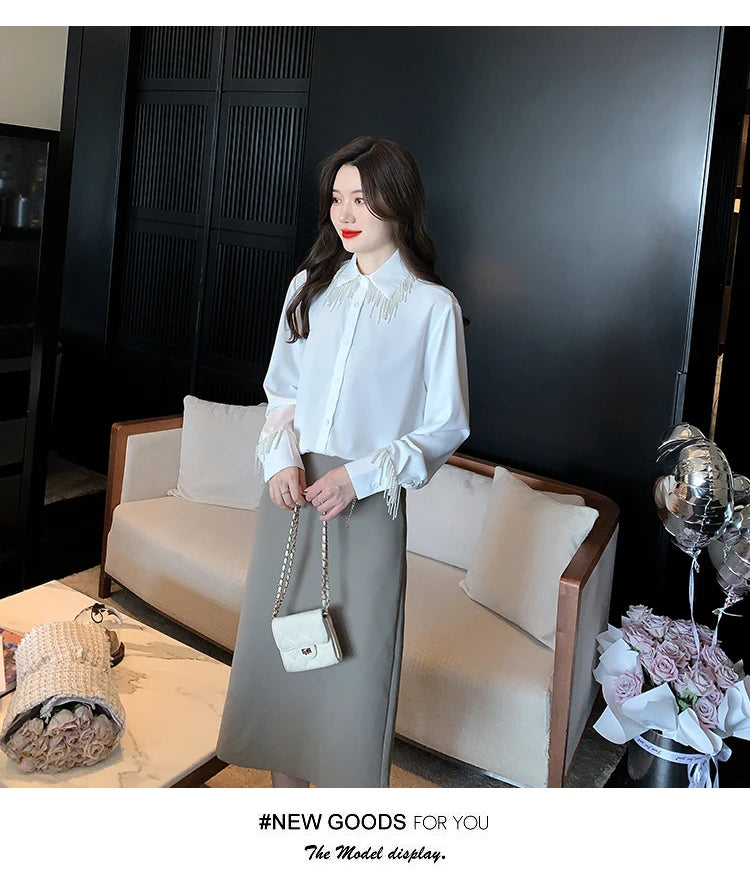 Luxus Perlen Perlen Quasten Weiße Hemden