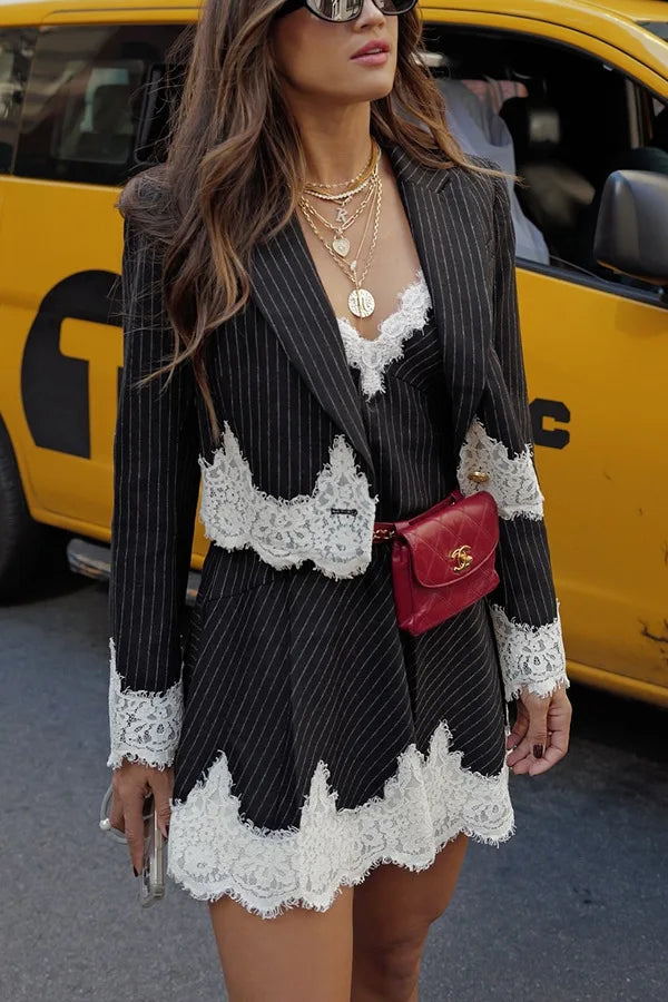 Temperament Women's Dress Two Piece Set White Lace Patchwork Spaghetti Strap Dresses Blazer 2 Piece Sets Fashion Trendy Female
