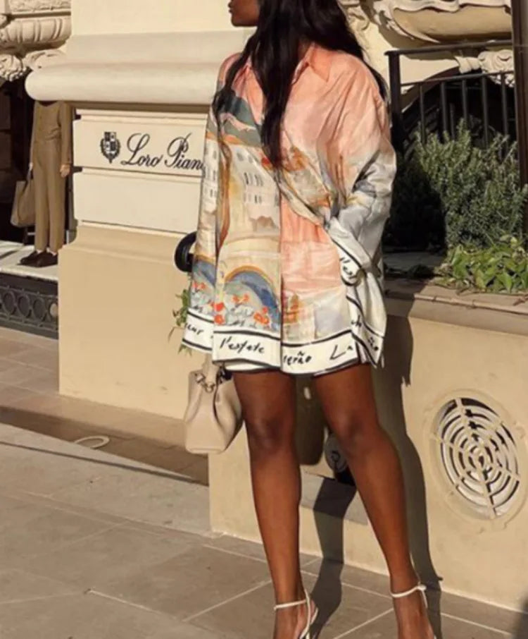 Ladies Fashion Casual Matching Outfit Daily Vacation Wear Women Autumn New Printed Shirt and Shorts Two Piece Set - Shellss