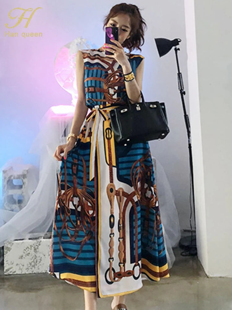 H Han Queen Hot Sales Korean Women's Summer Sexy Prints Work 2 Pieces Set Sleeveless Tops & A-Line Long Skirt Korean Skirt Suit