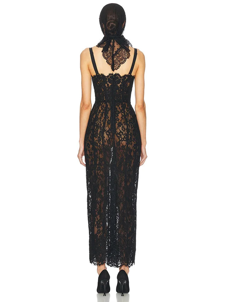 Sexy Spaghetti Strap V Neck Lace Long Dress Women Black Floral Lace Sleeveless Bodycon Dresses Elegant Evening Celebrity Party - Shellss