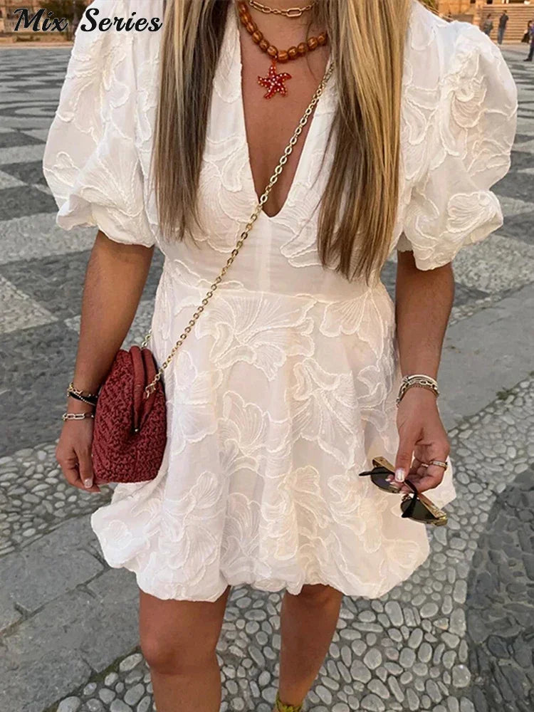 Embroidered Fluffy Short Puff Sleeve Dress Women