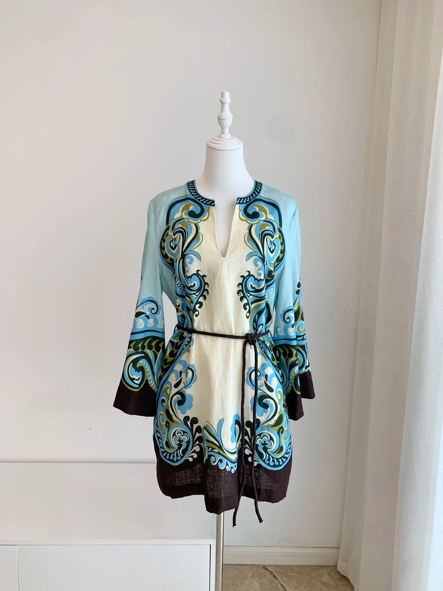 Linen Women Printed Mini Robe V-neck Short Sleeve Waist Rope Tie Loose Dress