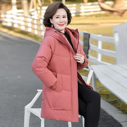 Winter Cotton padded Jacket Hooded solid color fleece thick Parkas Warm Loose Long Overcoat middle aged and Grandma Snow Coat