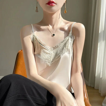 Satin Lace Trim V-Neck Crop Top