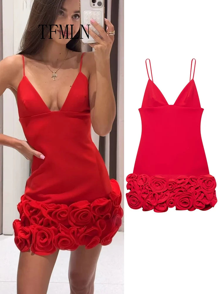 Red 3D Flower Party Mini Dress