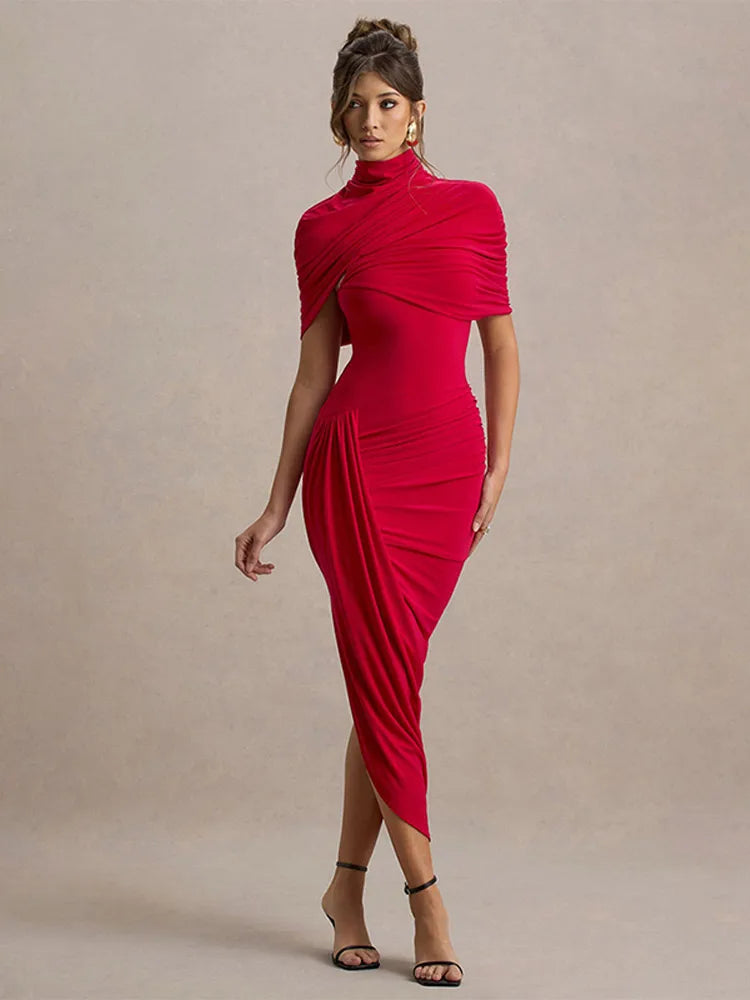Irregular Shawl Blue Maxi Dress Women's Fashion Turtleneck Slim Fit Pleated Vestidos 2025 New Lady Evening Party Robes Summer - Shellss