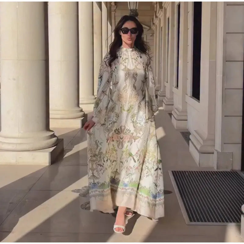 Floral Print Women Dress Button Down Mock Neck Maxi Dresses Long Lantern Sleeve A-Line Waist Belt Flared Hem Elegant Streetwear - Shellss