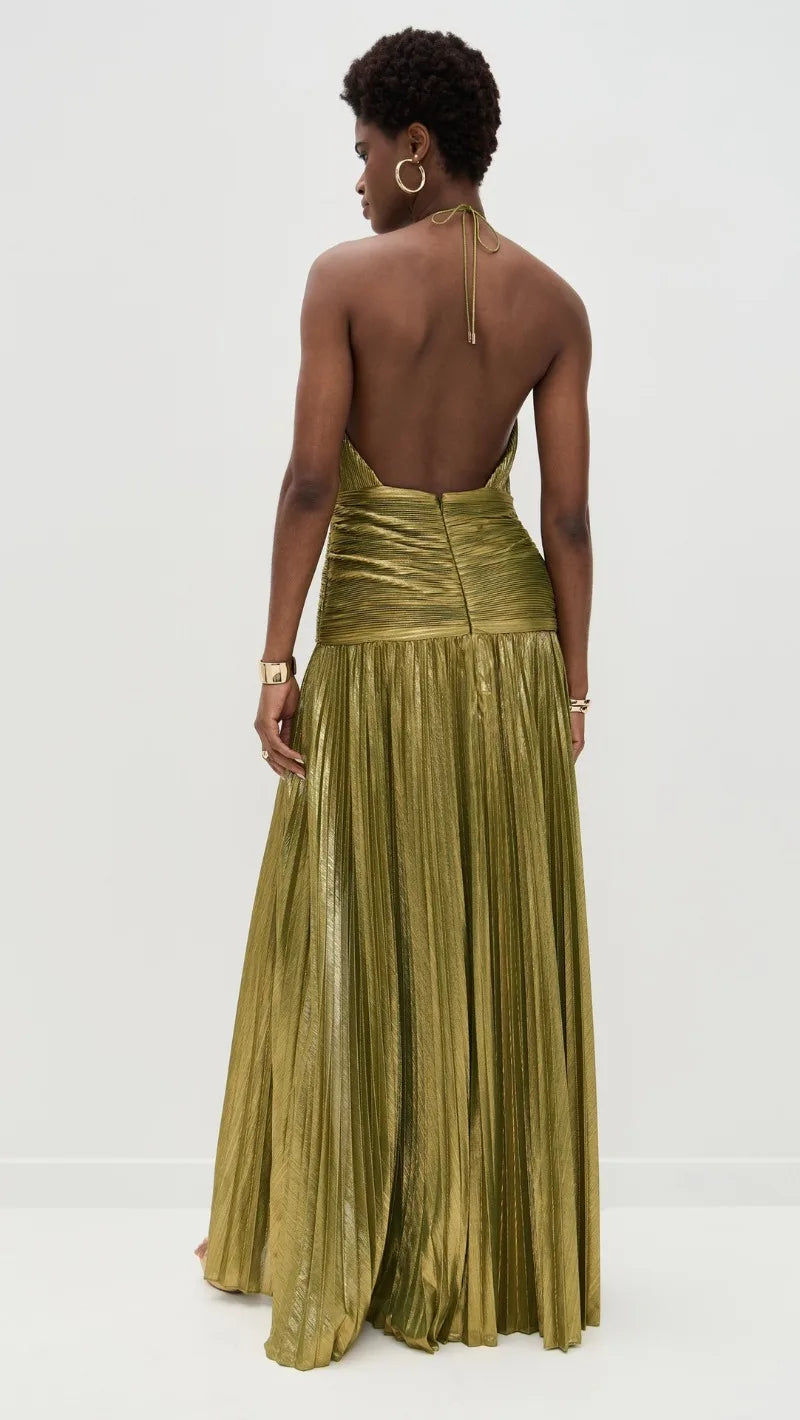 Sexy Off Shoulder Halter Folds Slit Long Dress Luxurious Women Corset Party Dress Gold Halter Neck Evening Dress