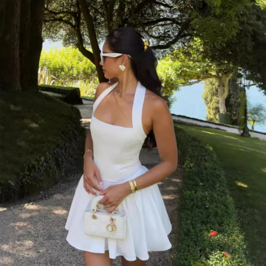 White halter neck dress
