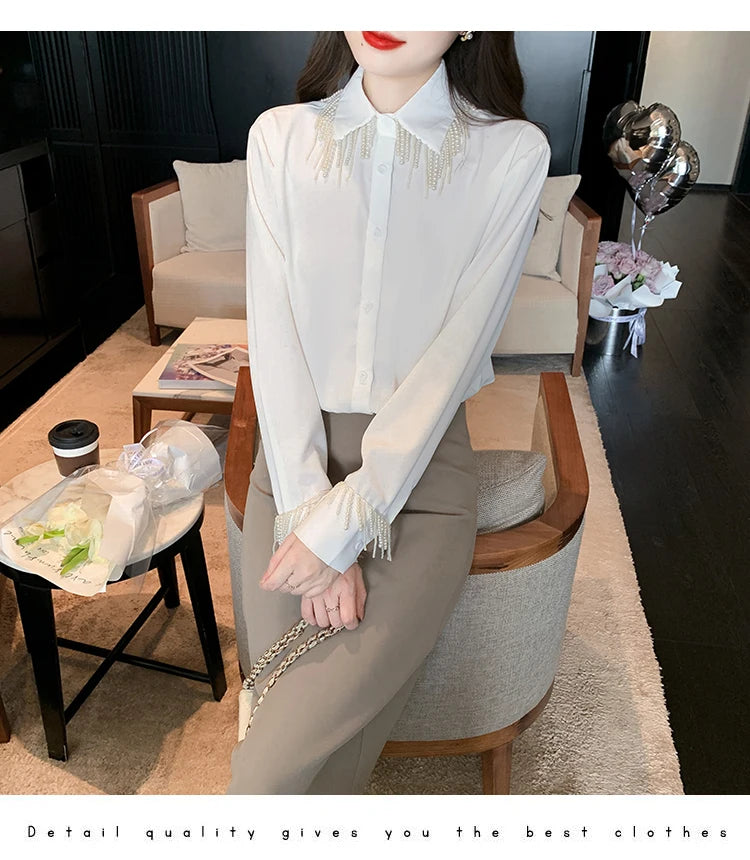 Luxus Perlen Perlen Quasten Weiße Hemden