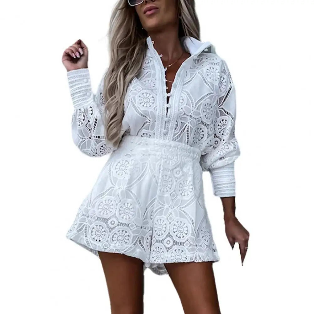 Elegant Lace Embroidered Blouse & Wide-Leg Shorts Set