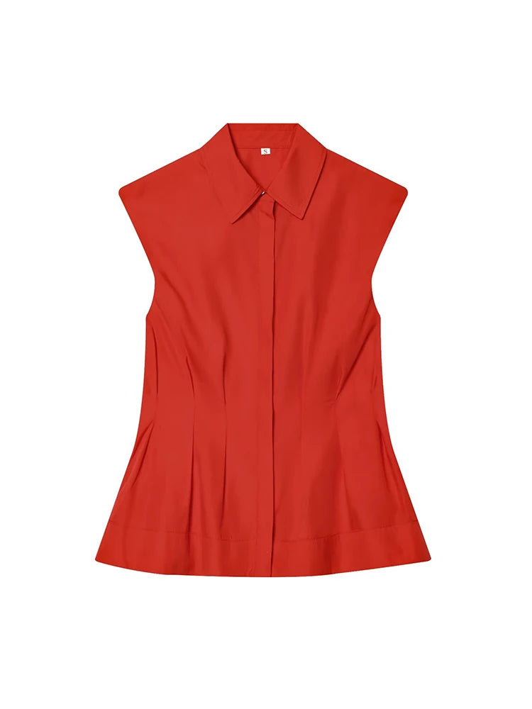 TFMLN Women's Pleated Shirt Spring Summer Vintage Lapel Collar Sleeveless Blouses Simple Flared Hem Ladies Tops 2026 New