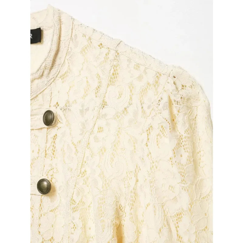 2026French Vintage Floral Lace Cropped Jacket Mandarin Collar Frog Knot Buttons Puff Long Sleeve Slim Retro Outerwear for Women