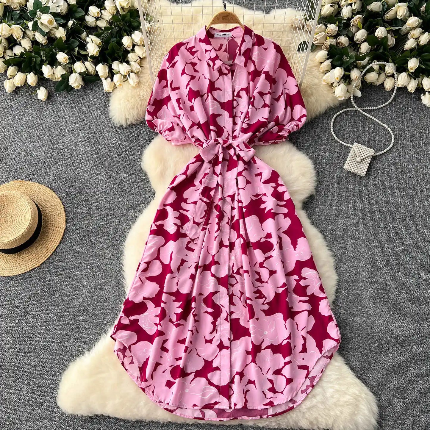 Vintage Satin Floral Pink Red