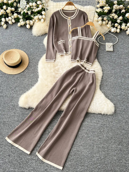 Strick-Cardigan + Hose mit weitem Bein, gestreift, lässig, 3-teiliges Set
