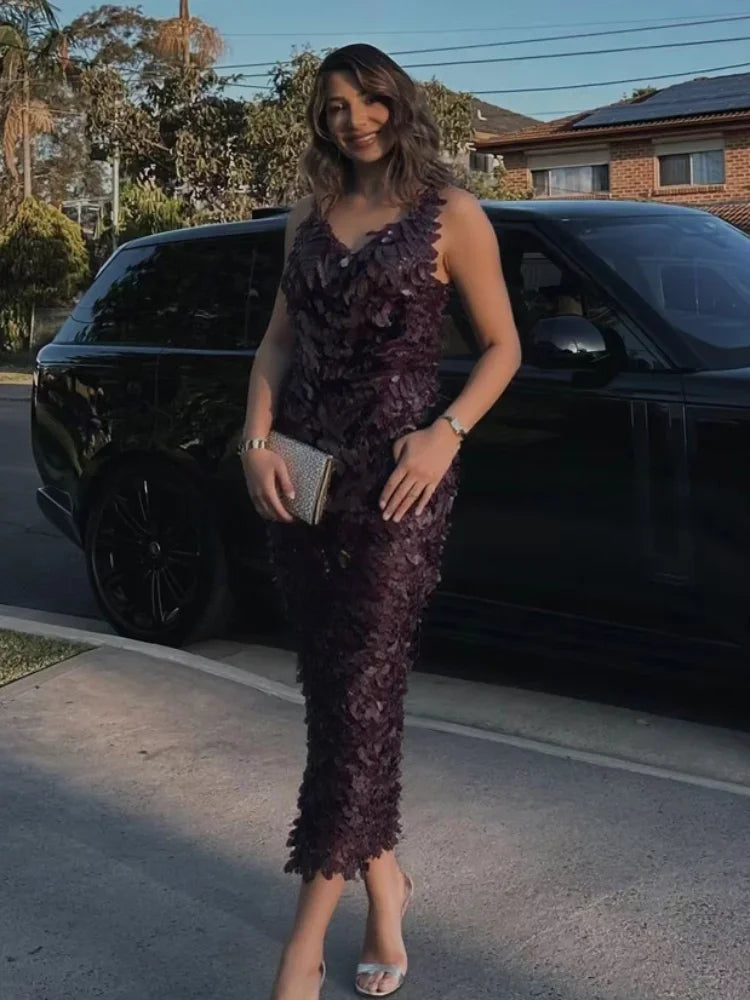Sequin Deep V-neck Long Dress Women Chic Sleeveless Spaghetti Strap Backless Mermaid Robes Lady Sexy Evening New Party Dresses