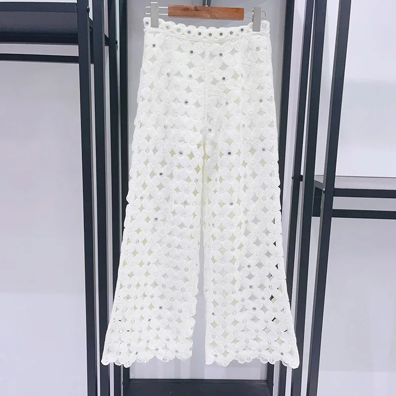 New Summer Set: Two-piece Set Including A Hollowed-out Crochet Rhinestone-embellished Knit Vest and Wide-leg Pants