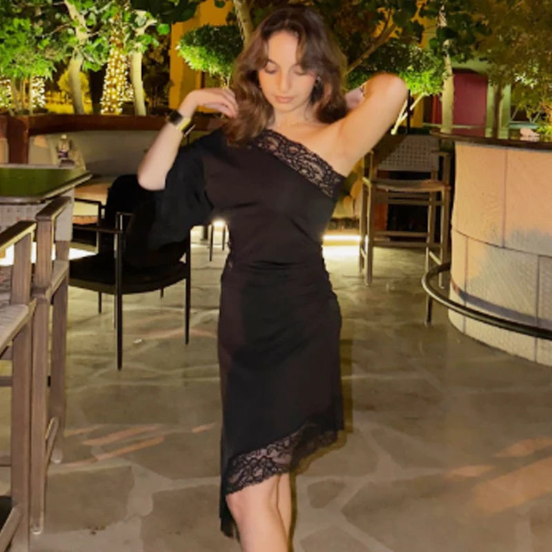 HXAO Black Asymmetric Lace Dresses Women's Dress Summer 2026 Sexy Midi Off Shoulder Cut Out Ruched Vestido Chic Evening Dresses