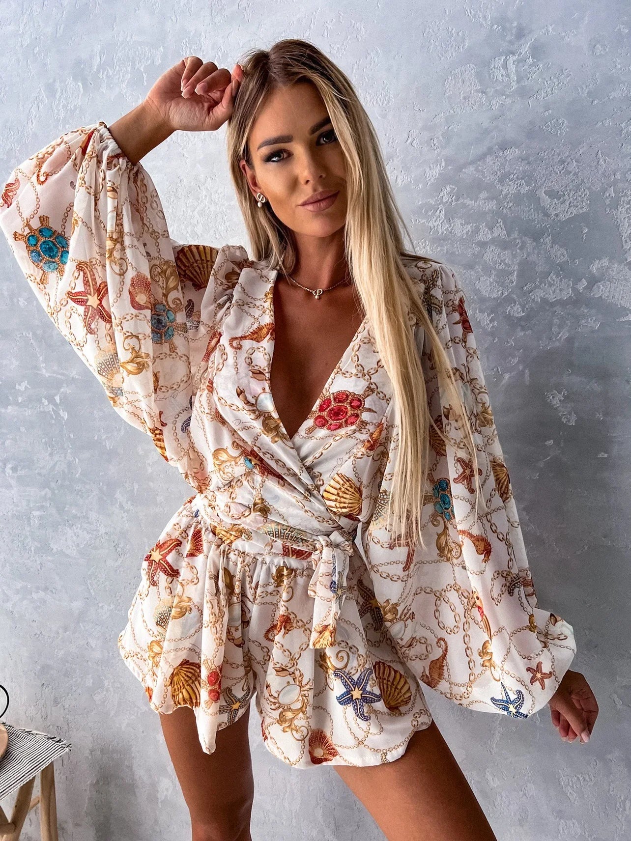 Boho Chic V-Neck Lantern Sleeve Romper