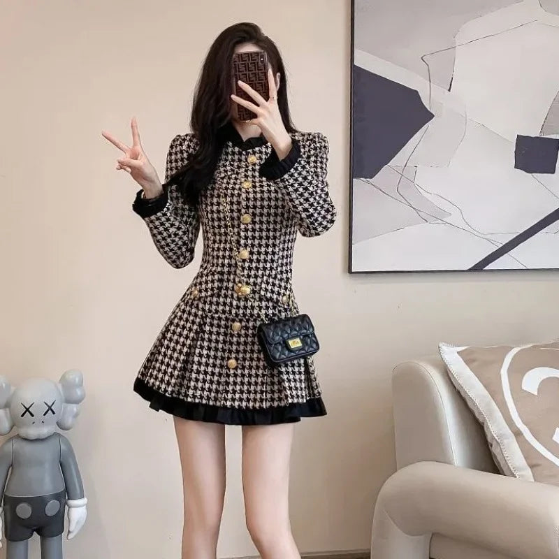 Elegance Tweed Style Waist-fitted Dress